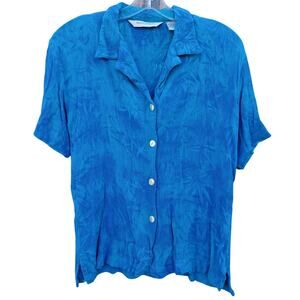 M Teal Femme Hawaiian Short Sleeve Button-Down‎ Crinkle Mother of Pearl Buttons